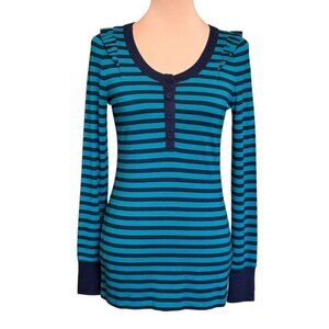 Y2K Juicy Couture Top Sz.M Striped Blue Ruffles Half Placket Nautical Fisherman